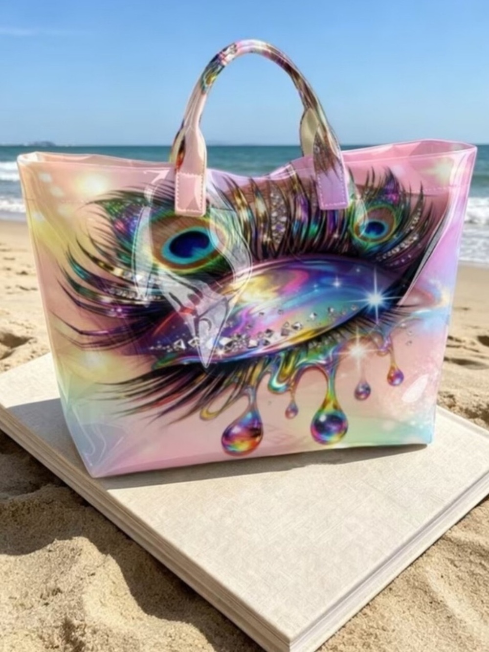 Iridescent Peacock Feather eye Pink Tote Bag - Picture 3 of 5